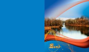 Wide landscape with trees on riverbanks and red and yellow wavy lines overlay