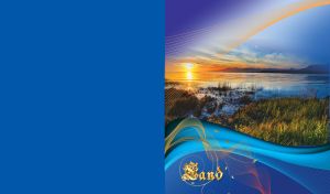 Wide landscape with sunset on lake and yellow and red wavy lines overlay