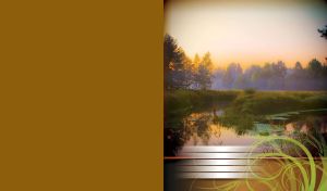 Sunset at the backwater surrounded by a green foggy forest