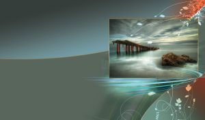 Old wooden pier above the sea water on a grey day on a green-grey gradient