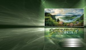 Scene of a foggy river flowing at the foot of green hills in a marble green hall