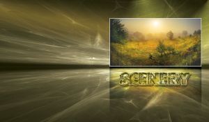 Scene of the dim sun rising over a misty summer meadow in a grey-green onyx hall