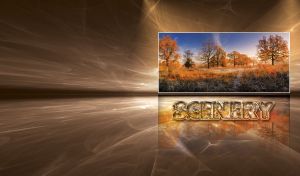 Scene with red trees in an autumn woods on a sunny day in a brown marble hall