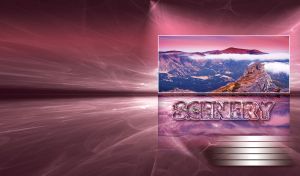 Scene from a mountain peak on the cloudy mountains on dusk in a dark pink hall