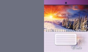 Bright winter sunset on a white forest of fir trees on the cover of a notebook