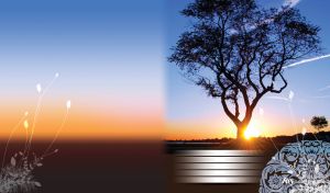 Silhouette of a lone tree in the sun rays against an orange-blue sunset