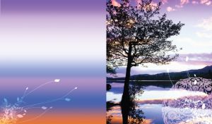 Silhouette of a lone tree by the river against a violet-blue twilight