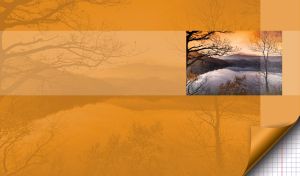 Continental forest lake and mountain appears through the autumn trees in the sunset