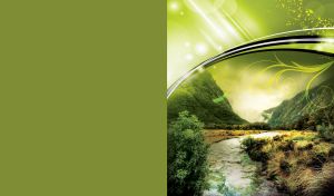 River flows between green tropical mountain ranges under a dome