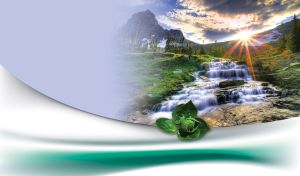 Green leaves on a waterfall that runs down the melting mountain, through a green grove