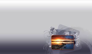 Miniature of a lake in the sunset framed in an orange frame and floral patterns