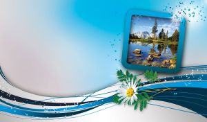 Photo of a Mountain lake in a spruce forest in a square frame on a blue gradient