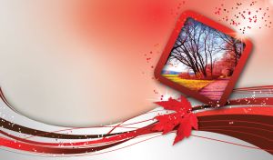 Photo of a park alley of fallen leaves in square frame on red to white gradient