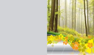 Light green summer forest in a light haze embellished with pattern of flowers