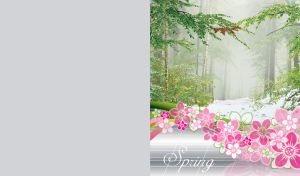 Light green spring forest in the haze embellished with pattern of spring flowers