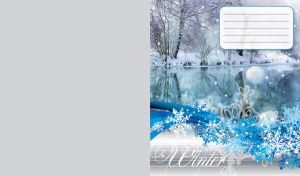 White winter forest by the frozen lake embellished with pattern of snowflakes