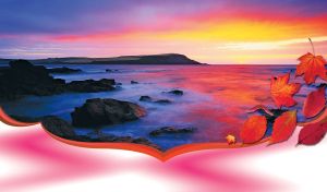 Landscape of sea rocks framed in autumn graphic leaves