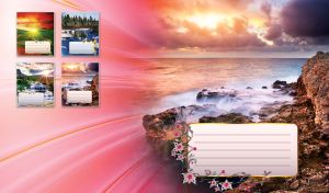 Rocky seashore washed by waves and cloudy sky with radiant purple to pink gradient