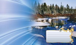 A spring river with snowy shore and spruces forest on radiant blue to white gradient