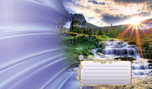 Cascaded mountain river with forest and mountains under radiant sunset cloudy sky