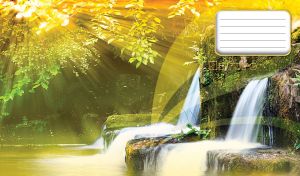 Yellow sun rays shine over a waterfall in a green dense summer forest