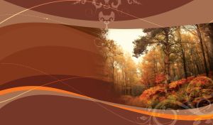 Autumn forest road surrounded by golden trees on a red-ocher palette background