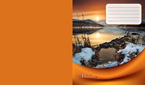 Calm water by the hills reflects the cloudy sunset sky on orange cloth background