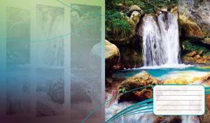 Rocky waterfall in a forest overgrown with green grass with vertical faded panels