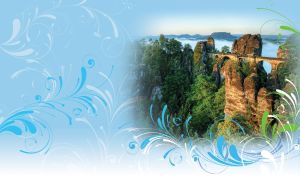 Ancient rocks of Shahara Bridge shrouded in greenery and mist on pastel blue