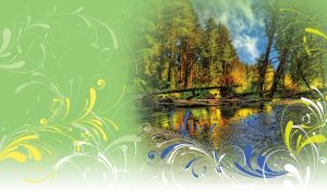 Fallen tree trunks cross the river in the coniferous forest on pastel green