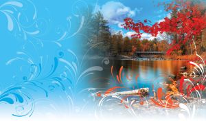 Wooden bridge over the smooth river surface in the red forest on pastel blue