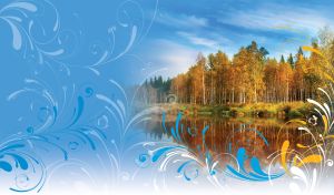 Golden forest on the bank of an ocher lake on a sunny autumn day on pastel blue