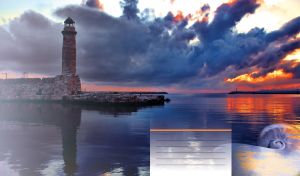 Weathered brick lighthouse by the navy blue-sea at a red sunset