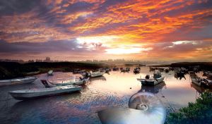 Boat jetty under purple-orange clouds at sunset with cityscape on the horizon