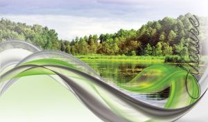 Lake in the green forest adorned with abstract waves on a pastel gray background
