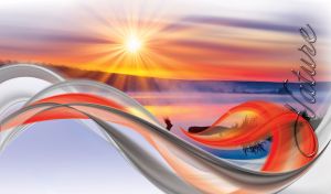 Misty lake at purple-red dawn with abstract waves on a pastel violet background