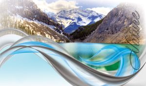 Green mountain lake adorned with abstract waves on a pastel blue background