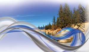 Coastline of firs and boulders with abstract waves on a pastel violet background