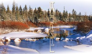 Blue river flows past rows of red bushes and green pines covered in white snow