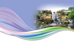 Stone waterfall at footbridge against the white and pastel blue background