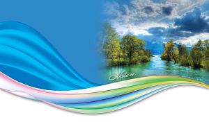 Green trees on a flooded river bank against the white and blue background