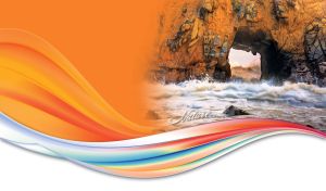 Ocean waves at the Keyhole Arch at Pfeiffer Beach on white and orange background