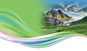 Village road passes by a mountain lake against the white and green background