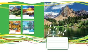 A landscape of a mountain idyll adorned with green abstract curves on white