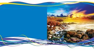 Seascape of rocky beach in the sunset adorned with blue abstract curves on white