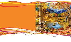 Autumn lake in a golden birch forest adorned with ocher abstract curves on white