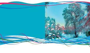 Trees covered with crystal frost adorned with teal-blue abstract curves on white