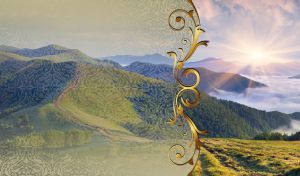 Green mountains at dawn appear behind the lace window glass with a baroque frame