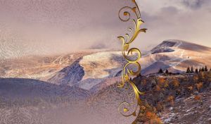 Rocky hills at dusk appear behind the lace window glass with a baroque frame