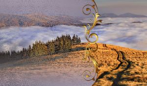 Ocher hills above the clouds behind the lace window glass with a baroque frame